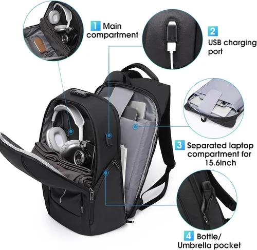 Miniatura 2 de Mochila de viaje BANGE, mochila antirrobo para laptop, compatible con portátiles de 15.6 pulgadas, Negro, Mediana, Computadora portátil