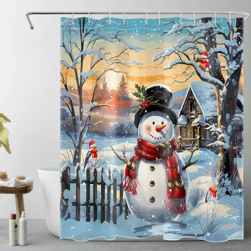 Christmas Snowman Shower Curtain for Bathroom Funny Bird with Snowy Tree in Winter Snow Scene Bathroom Shower Curtains with Hooks, Farmhouse Nature