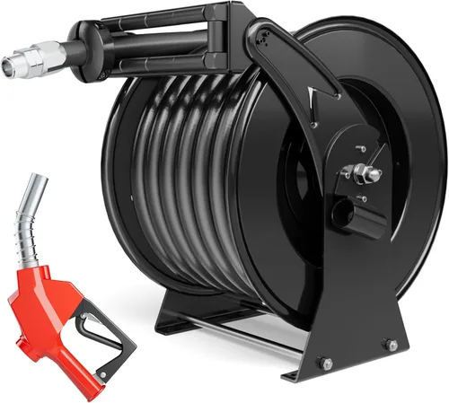 Miniatura 9 de Carrete de manguera de combustible, 1 pulgada x 33 pies de combustible diésel retráctil, construcción de acero resistente con boquilla