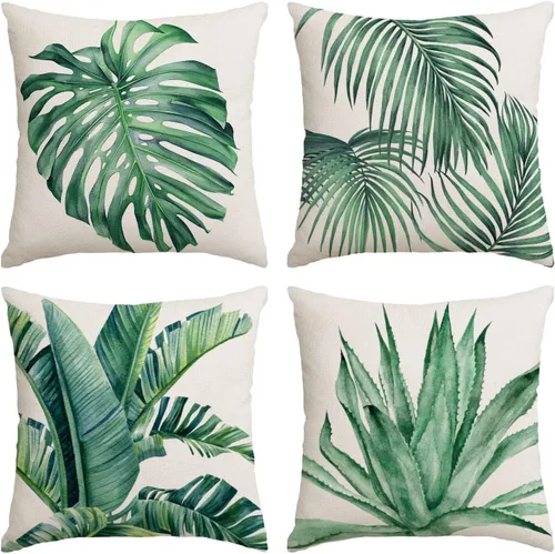 Juego de 4 fundas de almohada decorativas de plantas verdes de 16 x 16 pulgadas, decoraciones de verano, fundas de almohada cuadradas de lino,