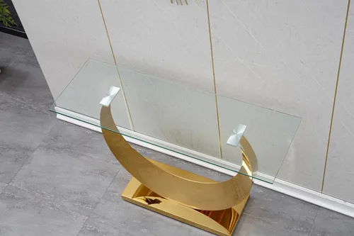 Miniatura 5 de Mesa de centro de cristal de lujo, mesa de centro de sofá de 47 pulgadas con marco de acero inoxidable dorado y parte superior de vidrio negro, mesa