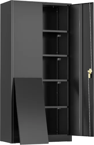 Miniatura 18 de Greenvelly Armario de almacenamiento de metal con cerradura, gabinete de almacenamiento cerrado negro de 72 pulgadas con 2 puertas y 4 estantes