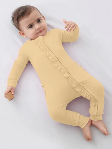 Miniatura 4 de GUISBY Mameluco de bambú de manga larga para bebé, sin pies, cremallera de 2 vías con volantes, para dormir de 0 a 24 meses