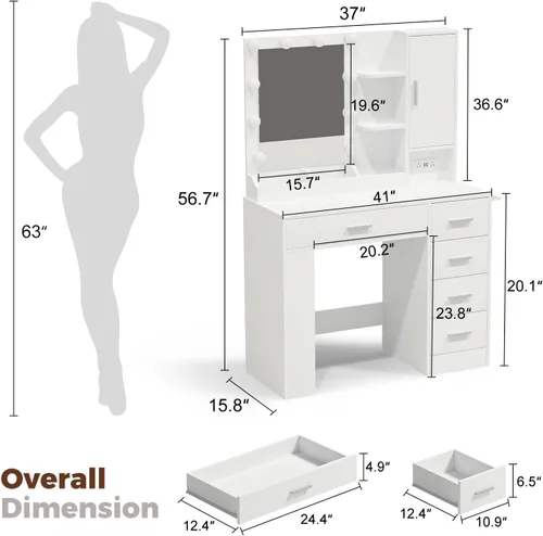 Miniatura 2 de Escritorio de maquillaje de 37 pulgadas con espejo y luces, mesa de tocador de maquillaje con 5 cajones, armario de almacenamiento grande y 4