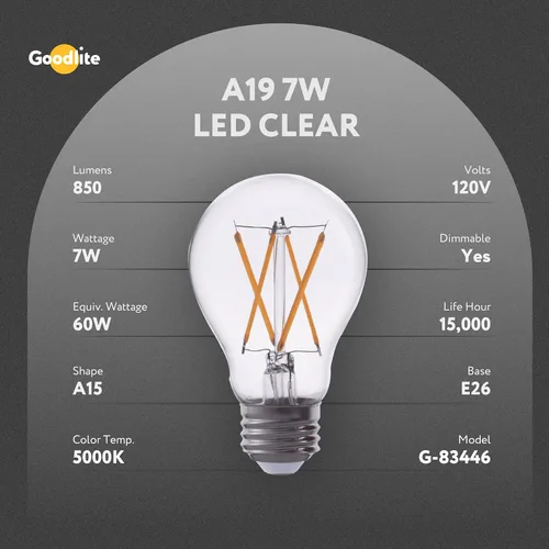 Miniatura 4 de Goodlite Bombilla LED G-83446 de 5000 K, 7 W, A19, 850 lúmenes, equivalente a 60 W, base E26, color blanco superregulable