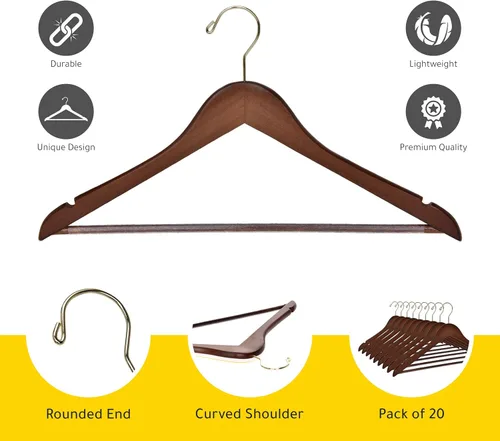 Miniatura 2 de Perchas de madera de calidad – Juego de 20 perchas ligeramente curvadas – Perchas de madera maciza con elegantes ganchos cromados – Ropa resistente