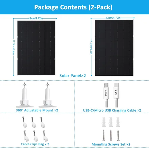 Miniatura 2 de Panel solar de 4 W para cámara de seguridad, cargador solar USB-C/micro USB para cámaras de batería recargable, IP66 impermeable, montaje ajustable