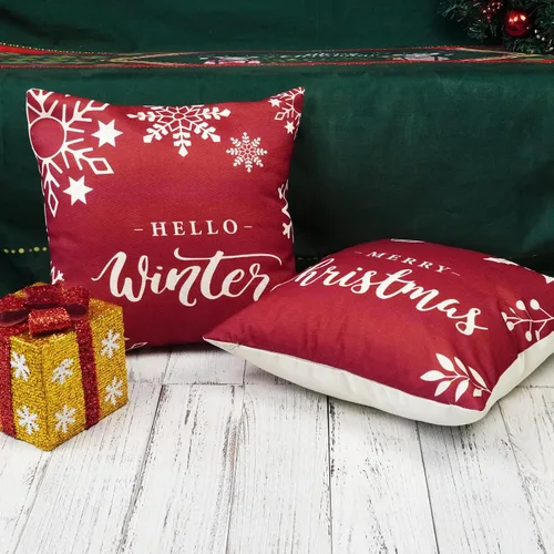 Miniatura 5 de ONWAY Juego de 2 fundas de almohada de Navidad de 18 x 18 pulgadas, decoraciones rojas de Feliz Navidad, copos de nieve de invierno para exteriores
