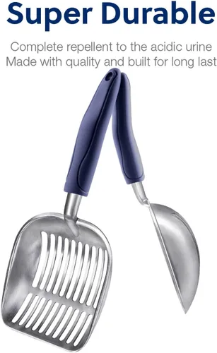 Miniatura 5 de WePet Cuchara de arena para gatos, tamiz de aleación de aluminio, pala de metal profunda, mango largo, tamizado de excrementos, levantador de heces