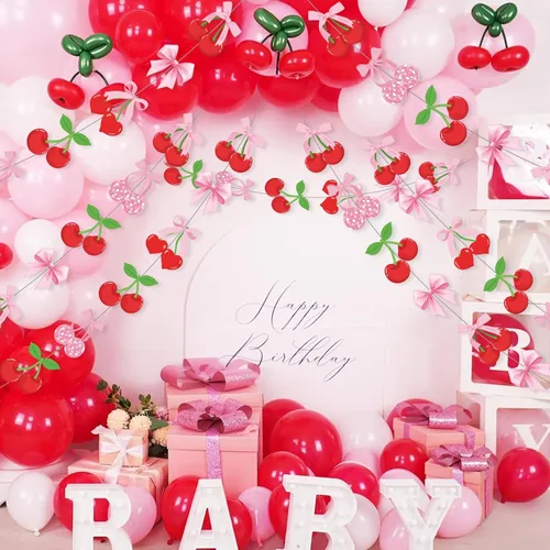 Miniatura 5 de Xinnun Decoraciones de Fiesta de Cerezas Pancartas Colgantes con Lazo Rosa Guirnalda Cerezas Decoraciones de Baby Shower Recortes Cintas Serpentinas