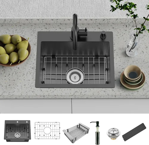 Miniatura 8 de Fregadero negro de cocina y bar, fregadero de cocina de acero inoxidable de 20 x 16 pulgadas, moderno fregadero de barra de montaje en la parte