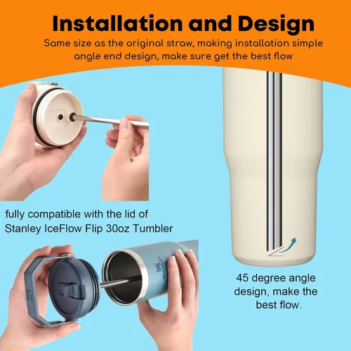 Miniatura 6 de ALINK - Paquete de 6 popotes de acero inoxidable compatibles con el vaso Stanley Iceflow de 20 onzas con tapa abatible, popotes metálicos