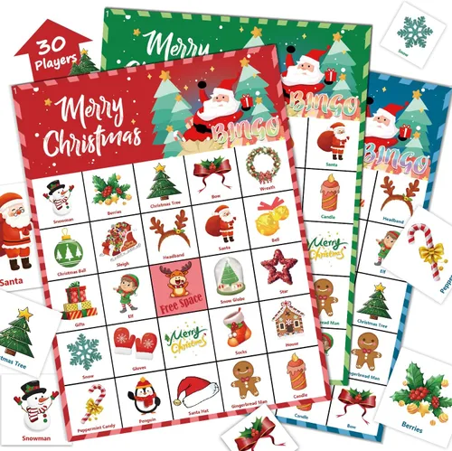 VESPRO 46 tarjetas de juego de bingo de Navidad para 30 jugadores, juegos de fiesta de Navidad para niños, actividades en el aula