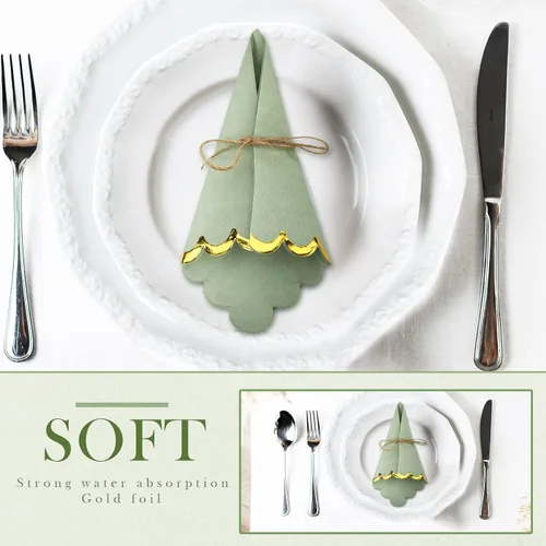 Miniatura 5 de Panelee Paquete de 100 servilletas de cóctel verde salvia con lámina dorada de 2 capas de postre plegadas de 5 x 5 pulgadas, servilletas desechables