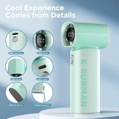 Miniatura 4 de Ventilador turbo portátil de mano, 5 velocidades, viento fuerte, mini ventilador personal con pantalla LED, enfriamiento máximo de 19 horas, Verde