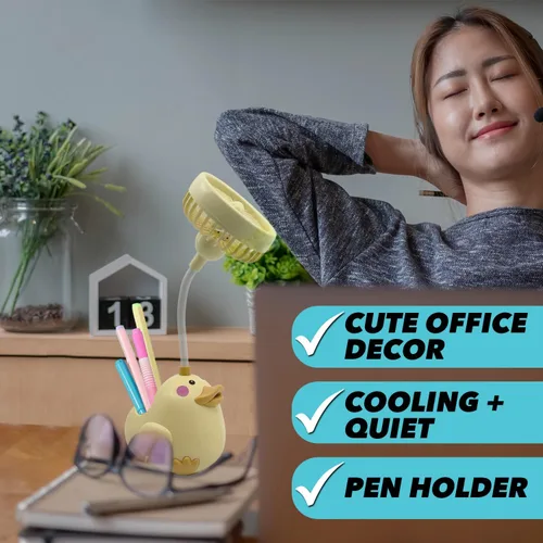 Miniatura 6 de Bonito ventilador de escritorio de pato amarillo con soporte para bolígrafo, ventilador de animales, decoración de pato para oficina, accesorios