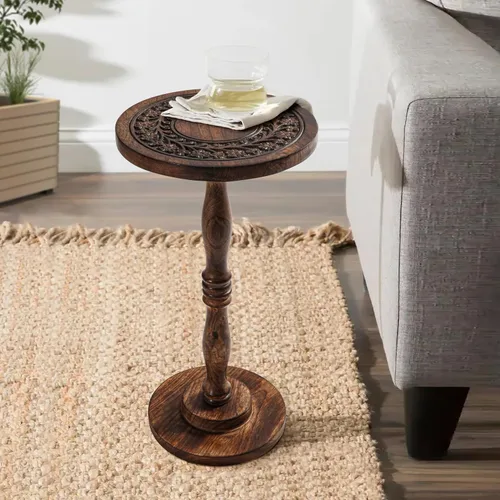Miniatura 6 de Mesa auxiliar de madera rústica de 12 x 22 pulgadas, mesa auxiliar tallada a mano, mesa de noche con acabado quemado para dormitorio, mesa