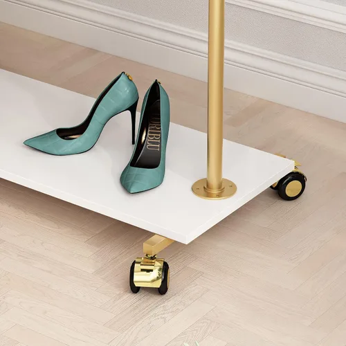 Miniatura 6 de Perchero de metal dorado con estante de madera, perchero resistente con ruedas para dormitorio, uso en boutiques minoristas (37.4 pulgadas de largo)