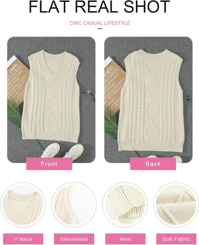 Miniatura 5 de EVALESS - Chaleco de gran tamaño para mujer, cuello en V, sin mangas, color sólido, suéter suelto