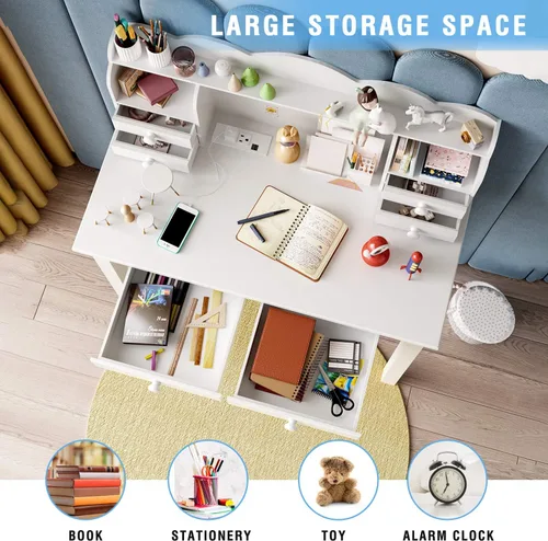 Miniatura 6 de ADORNEVE Pequeño Escritorio Blanco con Estante Superior y Puertos USB, Escritorio de Oficina en Casa de 31.5 Pulgadas con Cajones, Mesa de Estudio