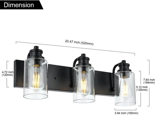 Miniatura 4 de Lámpara de baño vintage de 3 cabezales en acabado negro mate, pantalla de vidrio transparente clásica, iluminación de baño sobre espejo, lámpara