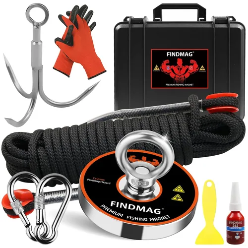 FINDMAG - Kit de pesca con imán con estuche, imanes de pesca de 1000 libras, fuerza de tracción, imán redondo de neodimio súper fuerte para uso