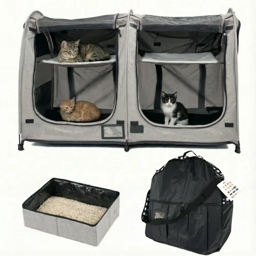 Miniatura 11 de Mispace - Jaula/Casa portátil para gatos con doble compartimento de exhibición, fácil de plegar y transportar, cómoda jaula de viaje para cachorros