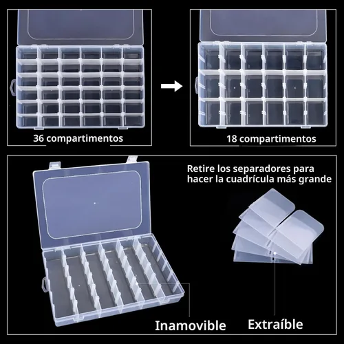 Miniatura 4 de Paquete de 2 cajas organizadoras de cuentas transparentes con divisores ajustables para contenedores de joyería, manualidades, 36 rejillas con 5 2