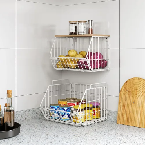 Miniatura 5 de Cesta de frutas apilable de 2 niveles para montar en la pared, cesta de frutas con tapa de madera, organización y almacenamiento de despensa