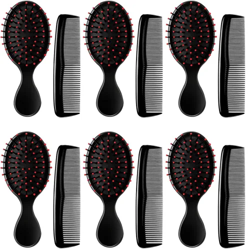 Paquete de 12 peines de cepillo para cabello pequeño y húmedo, 6 mini cepillos desenredantes, cepillo desenredante para el cabello de viaje, 6 Negro