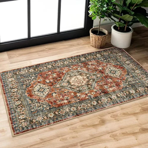 Miniatura 17 de Lahome Alfombra oriental lavable de área pequeña, 2 x 3 pies, para entrada, cocina, ultra fina, suave, tapete antideslizante para puerta de Azul