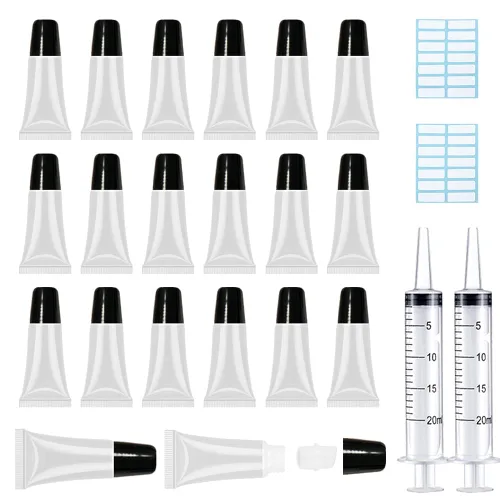 AMORIX - 50 tubos para brillo labial de 0.2 fl oz con tapa negra, jeringas cosméticas rellenables + etiquetas para base de brillo labial casero con