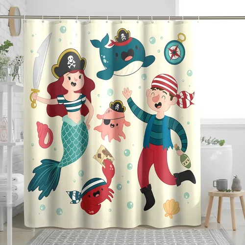 Miniatura 3 de Cortina de ducha de sirena con ganchos, diseño náutico de dibujos animados, pirata, ballena, océano, pulpo, divertido, beige, poliéster
