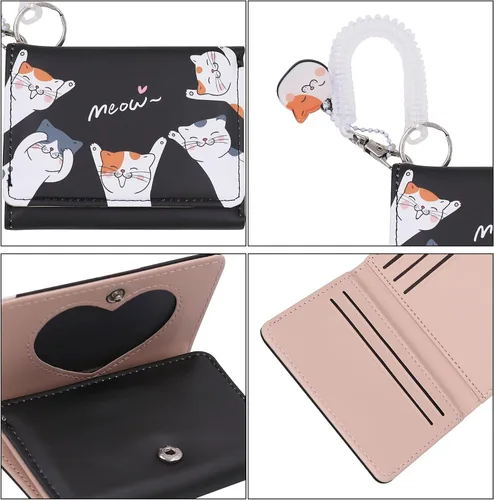 Miniatura 5 de Eilova Orityle Bonita cartera de gato para niñas y adolescentes, niños y mujeres, delgada de tres pliegues, tarjetero organizador con colgante