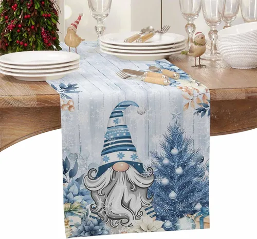 Miniatura 4 de Camino de mesa de Navidad, algodón y lino, bufandas de tocador de vacaciones de 36 pulgadas, gnomos de eucalipto azul retro, diseño de copos