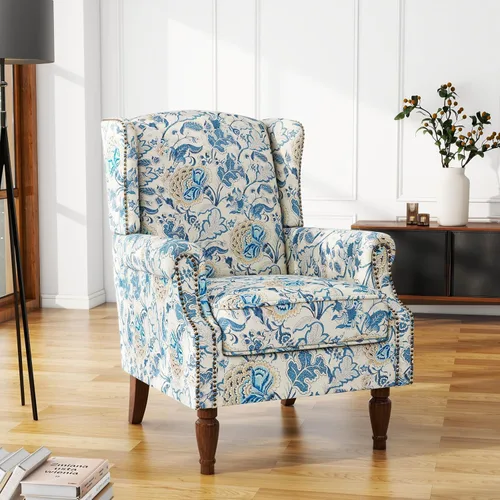 Miniatura 37 de Silla de Acento de Respaldo Alto, Sillón Tapizado en Tela para Sala de Estar, Sillón Wingback con Estampado Floral con Patas de Madera Maciza, Sofá