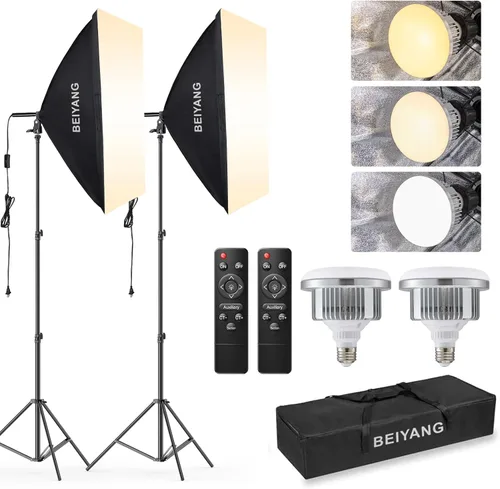 BEIYANG Kit de iluminación Softbox, 2 x 20 x 28 pulgadas, caja suave para fotografía con 2 bombillas LED E27 de 85 W 6000 K, luces de estudio para