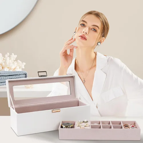 Miniatura 7 de Dajasan Cajas de joyería para mujeres y niñas, caja organizadora de joyas, caja organizadora de joyas de 2 capas con tapa transparente, organizador