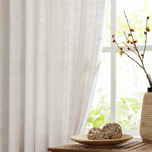 FMFUNCTEX - Cortinas semitransparentes de lino de 114 cm de largo para dormitorio y sala de estar, paneles beige de lino texturizado para ventana,
