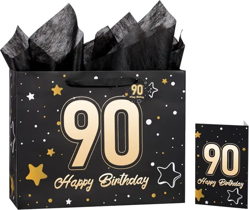 Miniatura 9 de Powbrace Bolsa de regalo de cumpleaños negra con papel de seda y tarjeta de felicitación, 13 x 10.2 x 4.9 pies, mediana