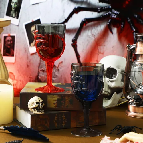 Miniatura 7 de Dandat Juego de 24 copas de mano de esqueleto de Halloween de 12 onzas de plástico transparente para Halloween, juego de copas de vino para naranja