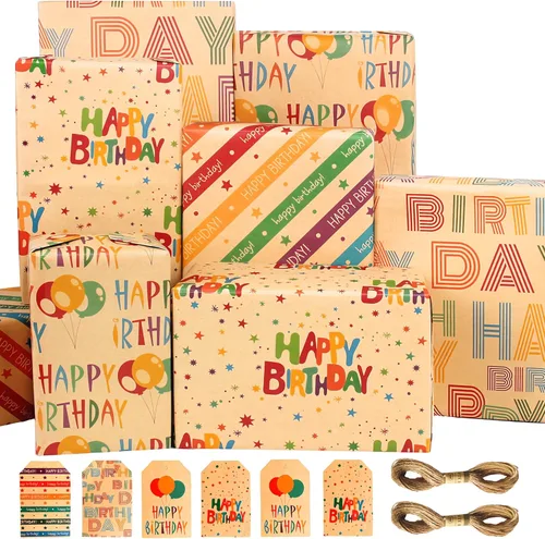 Papel de regalo para cumpleaños, juego de hojas de papel de regalo para cumpleaños, juego de papel de regalo de cumpleaños de Kraft, papel de regalo