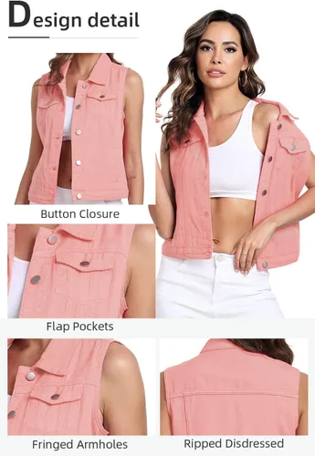 Miniatura 43 de Xeoxarel Chaleco de mezclilla para mujer, chaqueta vaquera sin mangas (XS-XXL)
