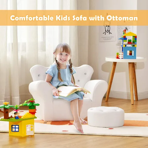 Miniatura 5 de Costzon Sofá para Niños, Sofá Tapizado para Niños con Otomán, Sofá de Princesa con Decoración de Diamantes, Otomán, Silla de Cuero PVC Suave