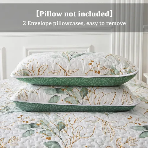 Miniatura 7 de Juego de edredón verde botánico floral de tamaño completo, 3 piezas, ropa de cama reversible suave para todas las estaciones (90"x78")