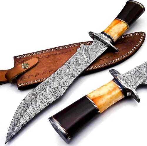 Nooraki BK-40 Cuchillo de Caza de Acero Damasceno Hecho a Mano de 15 Pulgadas - Hermoso Mango de Madera de Palisandro, Hueso y Cuerno de Toro con