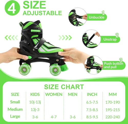 Miniatura 3 de PAPAISON Patines de ruedas para niños y niñas, patines ajustables de 4 tamaños con ruedas iluminadas para niños de 4 a 12 años Verde