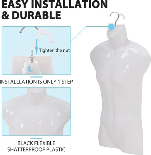 Miniatura 4 de Juego de 4 cuerpos de maniquí masculino, torso de maniquí colgante de 30 pulgadas de altura con gancho, forma de medio vestido de plástico