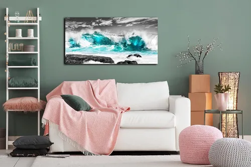 Miniatura 5 de Lienzo de playa para pared, pintura de océano, decoración de pared verde azulado para sala de estar, listo para colgar, tamaño 40 x 20 pulgadas