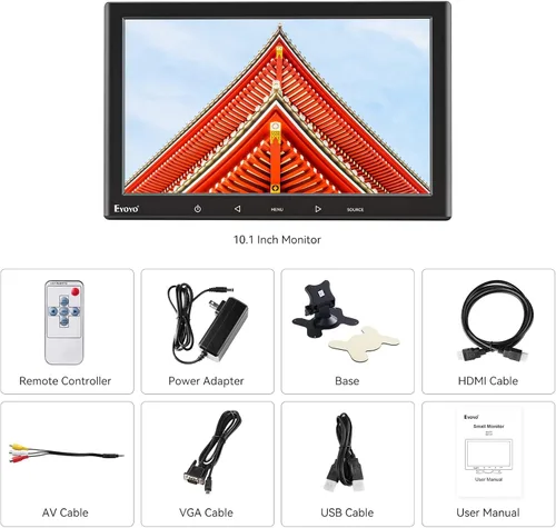 Miniatura 7 de Eyoyo Monitor Mini de 10 Pulgadas - Pantalla Pequeña de Computadora 1024x600 con Entrada HDMI Mini-VGA AV USB para Seguridad, LCD PC, Hogar